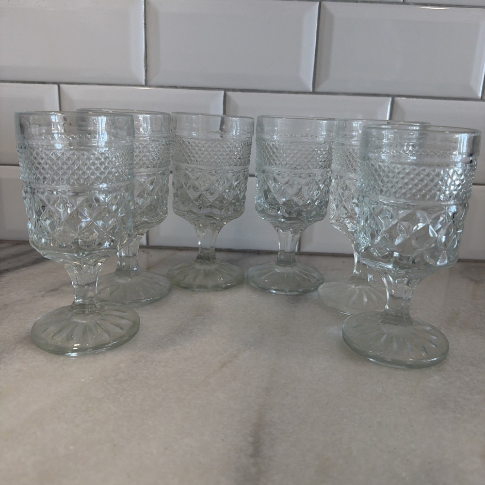 Set of 6 Vtg Wexford Anchor Hocking Glass Water Wine Goblets Diamond Cut Stemmed